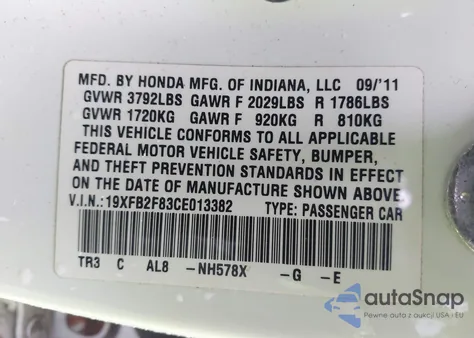 2012 Honda Civic Ex из США, поврежденный, VIN 19XFB2F83CE013382